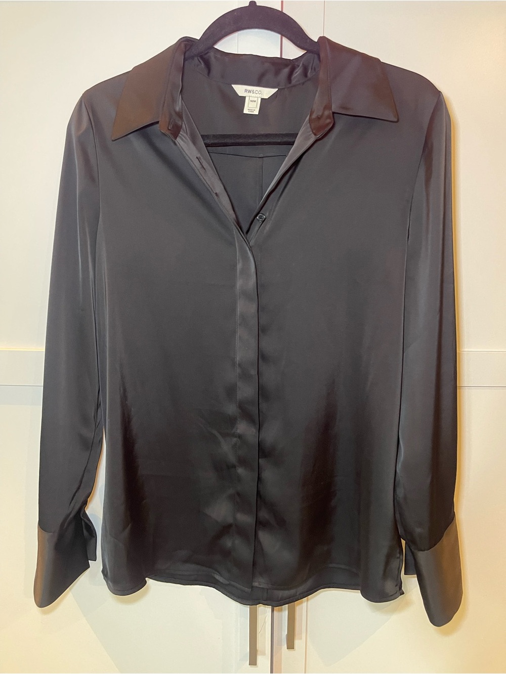 RW&CO. Black Satin Button-Down Blouse